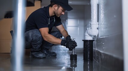 Plumber installing sump pump. Featuring plumbing and sump pump installation