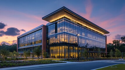 Obraz premium Office building glowing in golden dusk light, framed by urban skyline, evoking a sense of modern ambition and quiet reflection. 