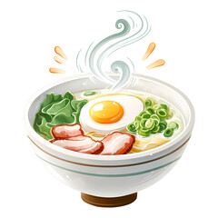 Illustration of ramen bowl with egg and meat isolated on transparent background.