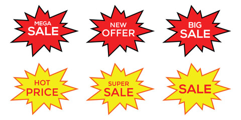 Starburst sale price stickers and labels, star and rosette, sunburst, callout and splash, stamp and tag badges. Isolated vector circle and oval red stickers of vector illustration.
