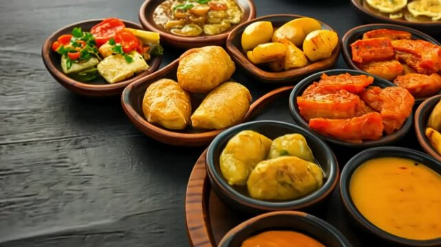 Diverse tapas assortment on dark wood, restaurant setting