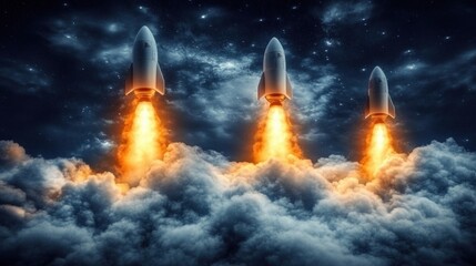 Triple Rocket Launch into the Night Sky