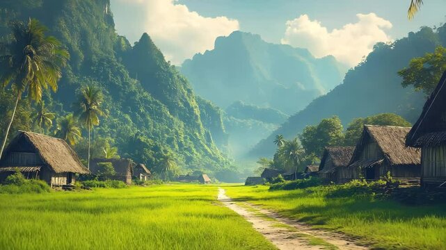 Exploring Rural Village with Thatched Roofs and Lush Green Landscape