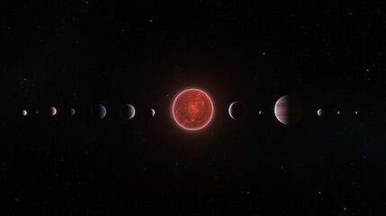 A red star surrounded by eight planets in a row.