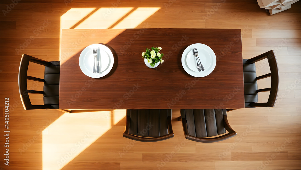 Poster minimalist dining table setting top-down view of sleek design
