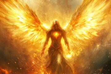 The majestic Archangel Gabriel, depicted with glowing wings, emanating power and glory