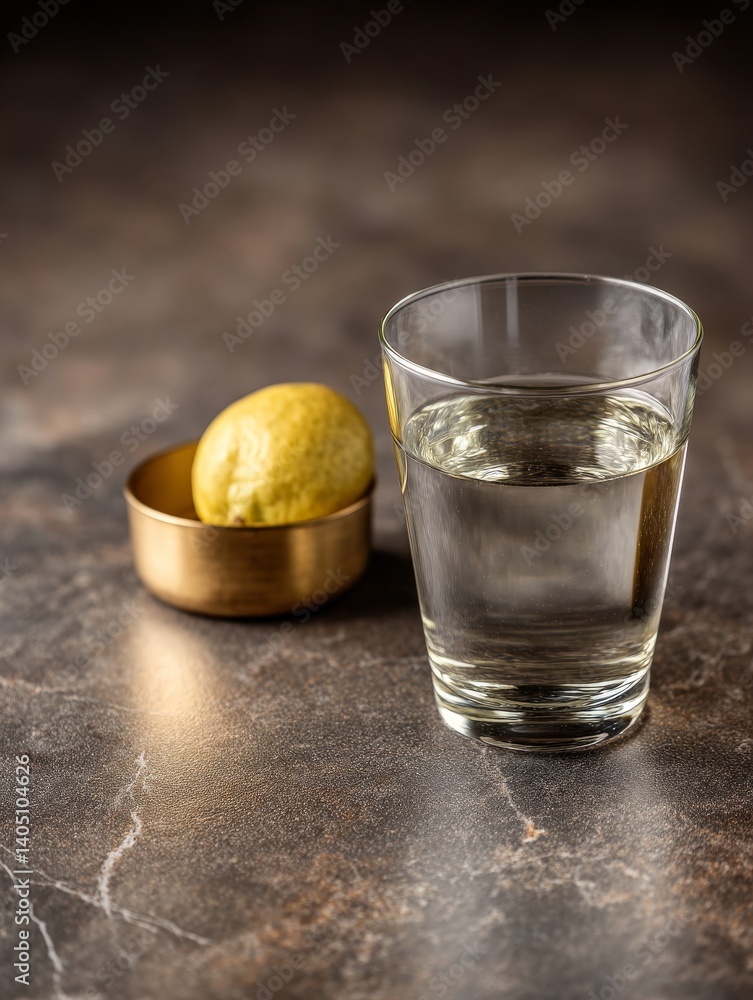 Poster glass with clear liquid and whole lemon beside it on stone surface with soft studio light and rustic