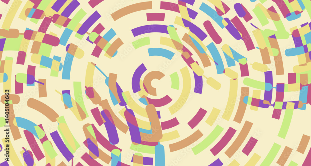 Poster background featuring a dynamic radial pattern composed of various colorful geometric shapes. scatter