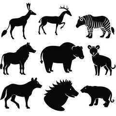 Black animal silhouette vector collection includes wild and farm mammals like horse, dog, and elephant