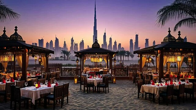 Dubai sunset, beach restaurant, city skyline, romantic dinner, travel