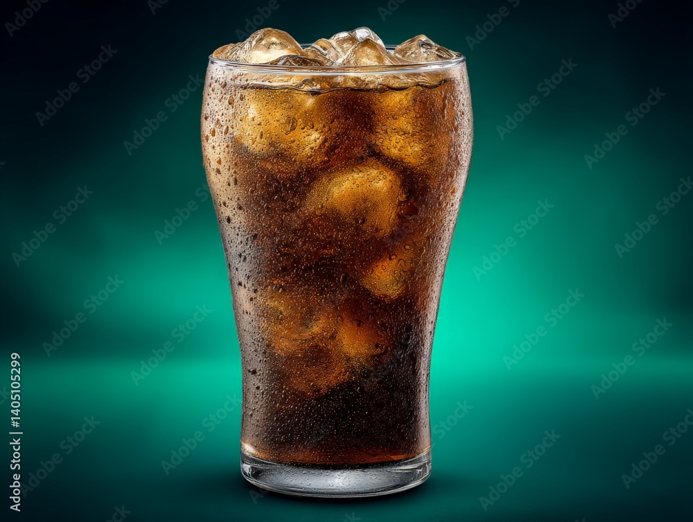 Poster glass of dark fizzy soda with visible ice cubes on teal background featuring chilled refreshment and