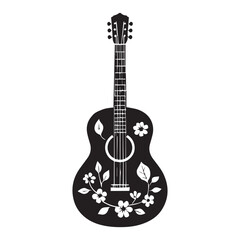 A black and white drawing of a guitar with a floral pattern  silhouette White Background.