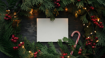 Merry Christmas Festive Mockup: Blank Card with Evergreen Wreath and Candy Cane