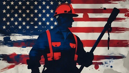 A patriotic and artistic tribute to laborers, featuring a stylized silhouette of a construction worker wearing a hard hat and tool belt, standing in front of a distressed American flag.