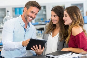 Obraz premium Teacher showing tablet to students. educational technology in classroom learning