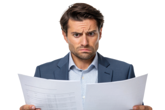 Confused businessman reviewing documents in office setting with a worried expression
