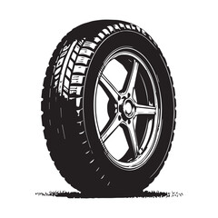 Fototapeta premium A black and white drawing of a tire with the wheels on it silhouette White Background.