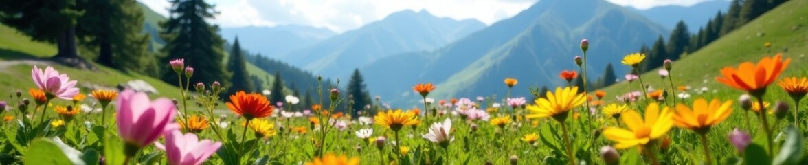 Vibrant wildflowers bloom in high alpine meadow, meadow, pink