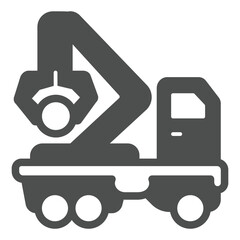Truck with mechanical crane, forest industry concept. Vector graphics. Crane truck with tree trunk, heavy transport sign on white background, glyph style icon for mobile or web design.