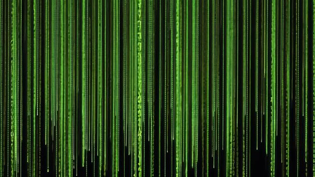 Futuristic and tech-inspired design featuring cascading green binary code on a dark backdrop.