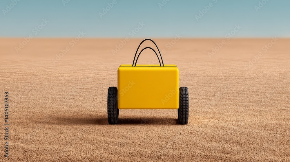 Poster yellow autonomous ground delivery robot on sand background with wheels and top camera used for smart