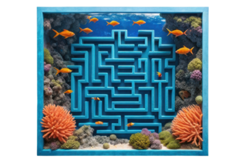 Intricate maze surrounded by vibrant corals and colorful fish in an aquarium display for creative design project