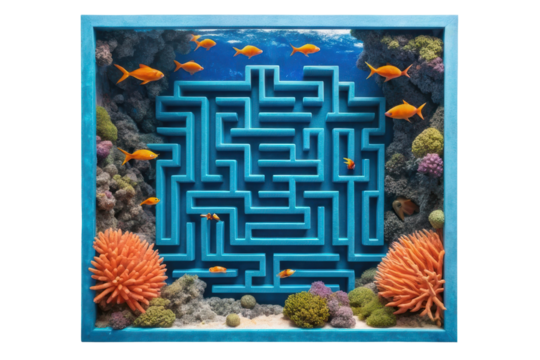 Intricate maze surrounded by vibrant corals and colorful fish in an aquarium display for creative design project