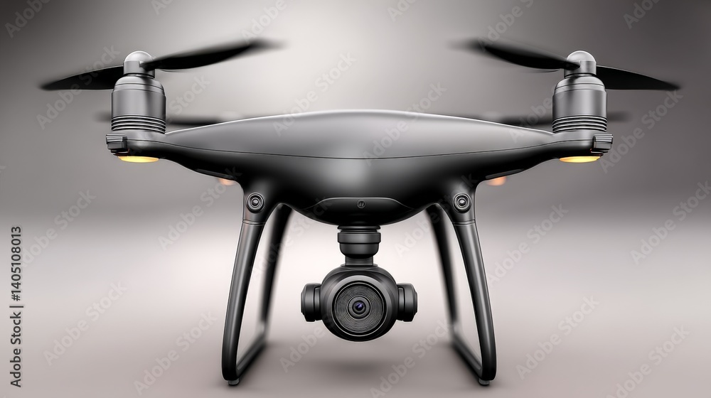 Poster black surveillance drone hovering mid air with multiple propellers and attached camera lens designed