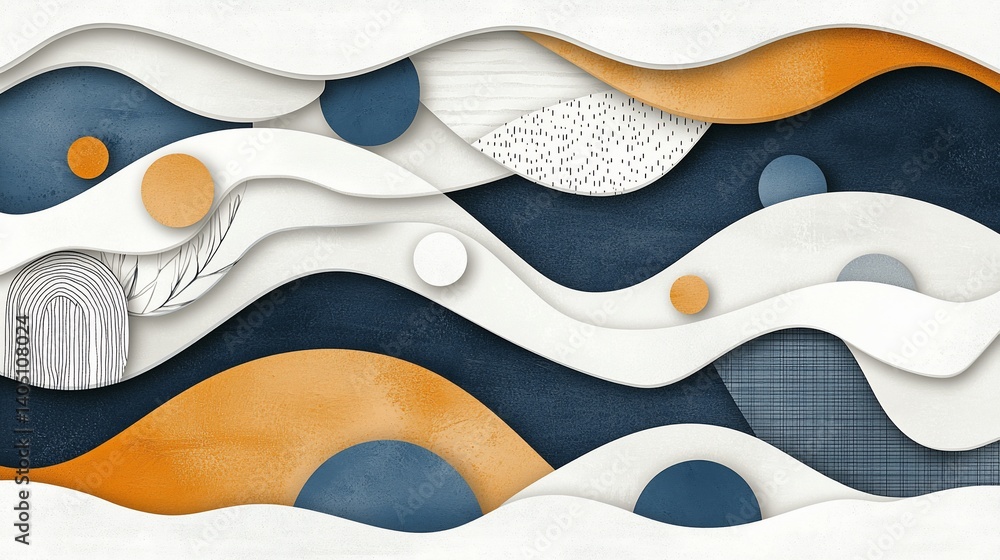 Poster Abstract wavy layered design with circles, leaves and patterns