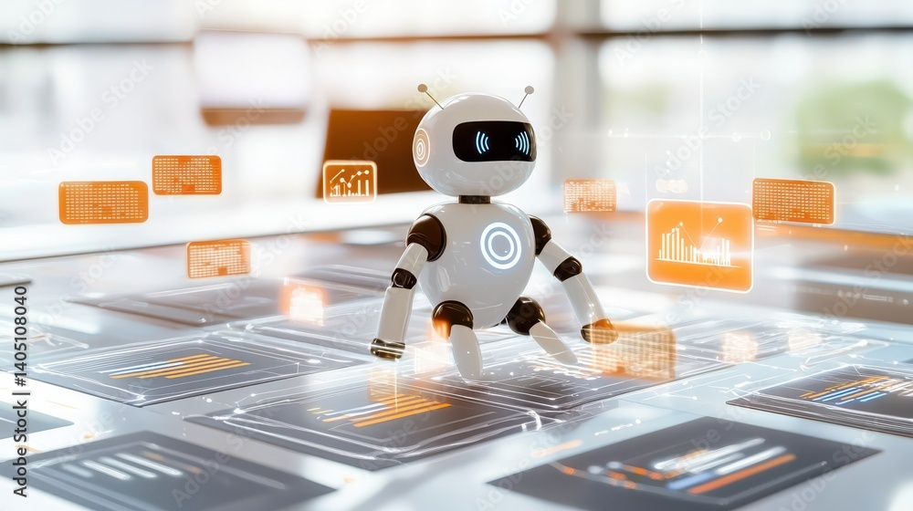 Poster ai chatbot robot interaction in a modern office digital art futuristic close-up view technology conc