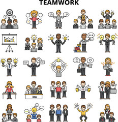 Teamwork and Collaboration Flat Line Icons