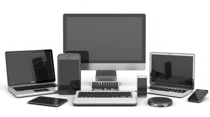 Modern technology devices on white background stock photo --ar 16:9 --raw --v 6 Job ID: be812ca2-fd51-4210-b442-f003343d6bbd