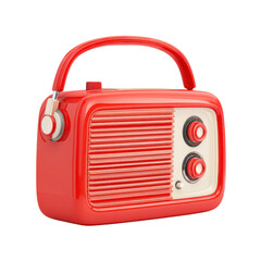 Retro red radio receiver with handle. Vintage style radio for listening to music and news.