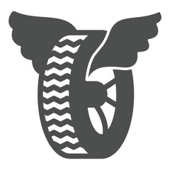 Car wheel with angel wings solid icon, tires fitting concept. Vector graphics. Used tire, changing wheels sign on white background, glyph style icon for mobile or web design.