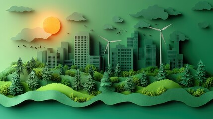 Paper art depicting a green, eco-friendly cityscape with trees, buildings, and wind turbines