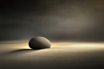 Solitary dark stone rests on a sandy plain.