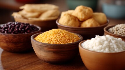 Healthy grains and legumes arranged in wooden bowls viewed in flatlay from above representing dietary diversity and nutritious food selection concept