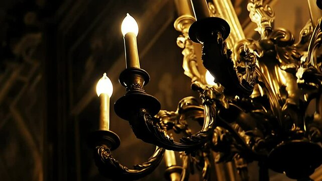 Gilt chandelier glows in ornate palace interior