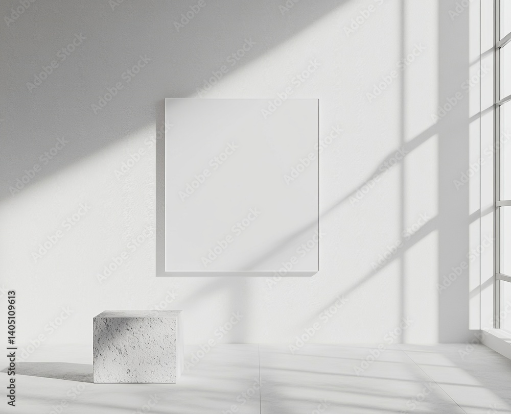 Aufkleber a simple white wall with a blank frame in an art gallery. there is one empty square white picture on