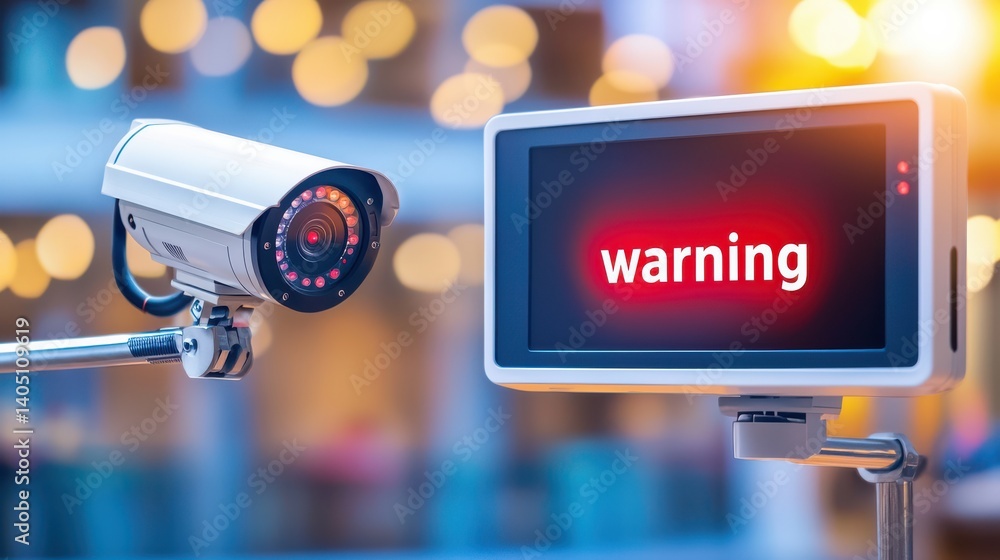 Poster security alert interface with surveillance camera urban environment digital content high-tech monito