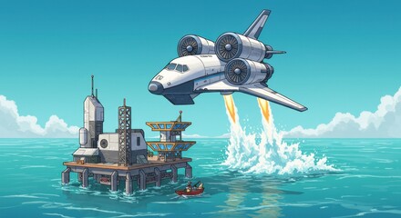 Obraz premium Space Shuttle Water Launch with Turbine-Powered Wings