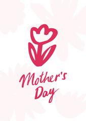 Mother's day greeting card. Minimalistic Mother's day greeting design. Pink color design element congratulation. Line drawing, brush stroke line, brush texture elements