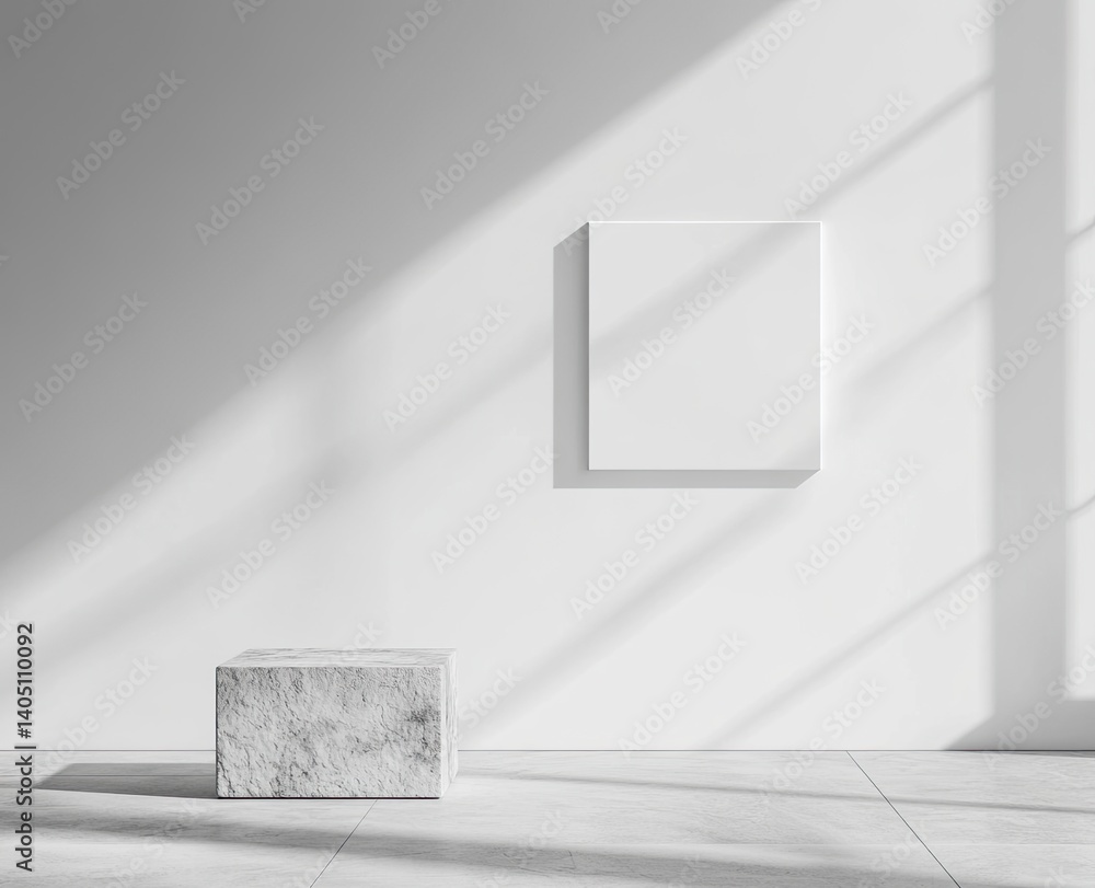 Poster a simple white wall with a blank frame in an art gallery. there is one empty square white picture on