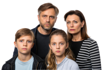 Family expressing concern in a serious portrait, highlighting emotions and relationships among members
