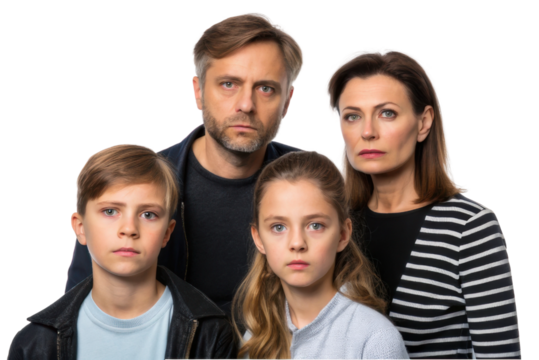 Family expressing concern in a serious portrait, highlighting emotions and relationships among members