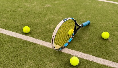 tennis racket with a tennis ball on a tennis court