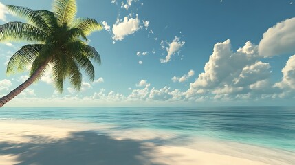 The same tranquil tropical beach scene, now from a different angle, showcasing vast skies and calming sea with copy space