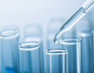 Glass pipette dripping fluid into test tube. Laboratory experiments and scientific research.