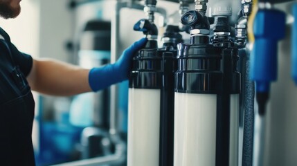 Plumber installing water softener. Featuring plumbing and water filtration systems