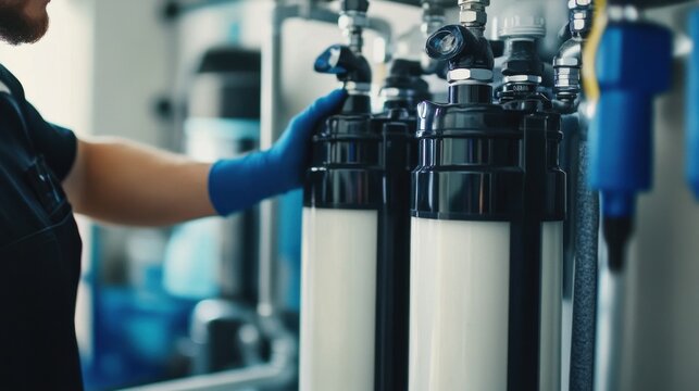 Plumber installing water softener. Featuring plumbing and water filtration systems